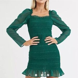 ASOS Green Shirred Swiss Dot Ruffled Cocktail Party Mini Dress NWT Size 6 Small